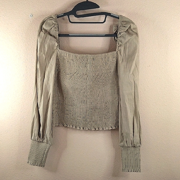 Gianni Bini Angel Woven Khaki Blouse Crop Top Sedona Sunset LG. - Picture 2 of 12